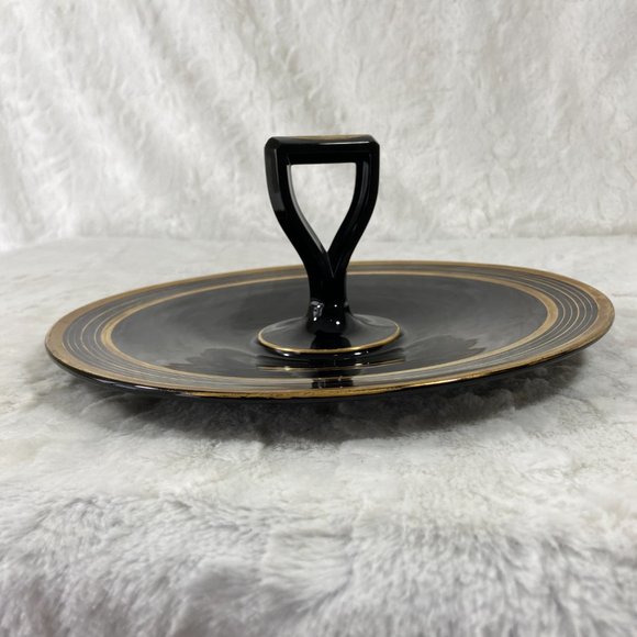 Antique Art Deco Center Handle Server Plate Black Depression Glass TidBit Platte - Picture 6 of 10